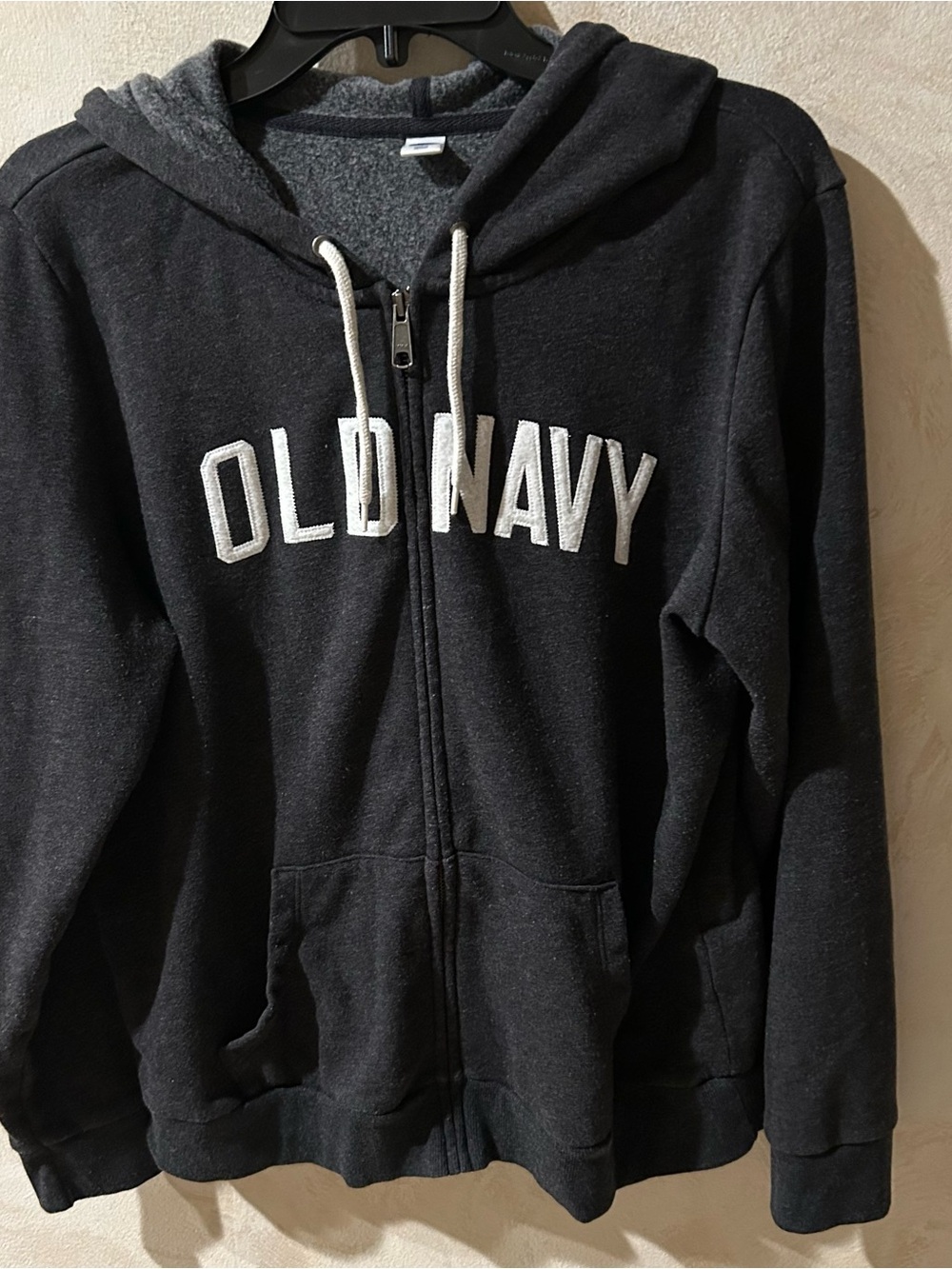 Old navy women’s full zippered gray hoodie with white logo graphic in size large